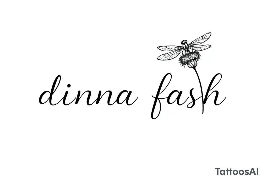 minimaliste simple thistle with dragonfly text : dinna fash tattoo idea