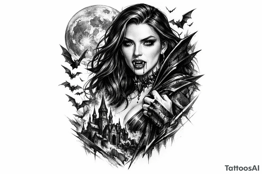 female vampire,bats,full moon. tattoo idea