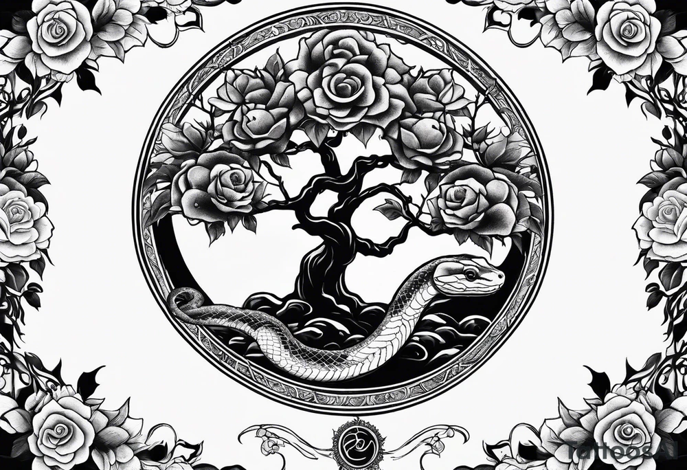 Tree yin and yang with a pasture of roses and a snake at the bottom tattoo idea