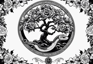 Tree yin and yang with a pasture of roses and a snake at the bottom tattoo idea