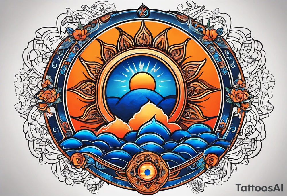 I'd like a tattoo of an orange sun with a blue ohm symbol superimposed on it. The sun should be behind the ohm symbol. tattoo idea
