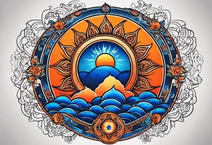 I'd like a tattoo of an orange sun with a blue ohm symbol superimposed on it. The sun should be behind the ohm symbol. tattoo idea