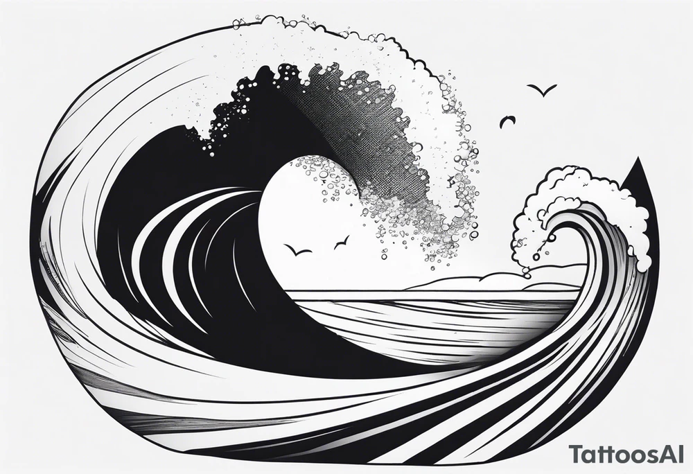 Waves and beach in black and White, INSIDE a shape of a bodyboard tattoo idea