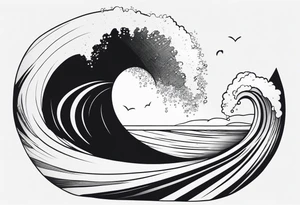 Waves and beach in black and White, INSIDE a shape of a bodyboard tattoo idea