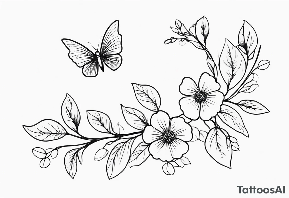 Winding branches and leaves and tiny flowers with a small moth tattoo idea