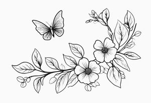 Winding branches and leaves and tiny flowers with a small moth tattoo idea