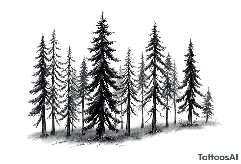 Needle forest with black and gray trees tattoo idea