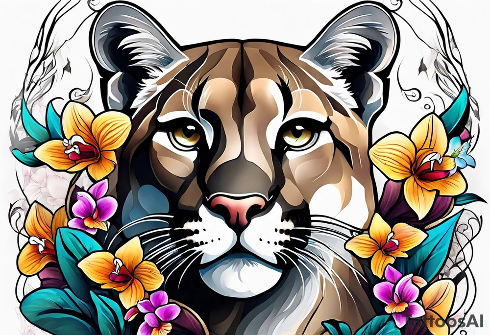 Mountain lion with orchids tattoo idea