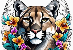Mountain lion with orchids tattoo idea