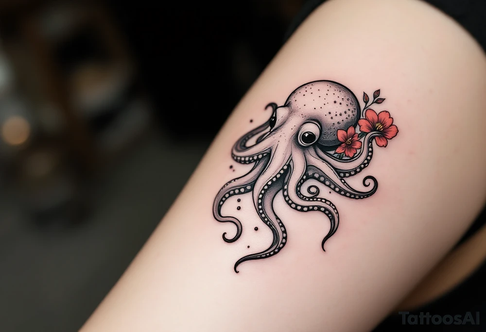 A small realistic black and grey tattoo of an octopus, cute, with detailed shading and soft linework, showing the octopus with swirling tentacles, on light skin. ornamental flowers around with red ink. The style is minimalistic and elegant, resembling fine-line tattoo with a shadow tattoo idea