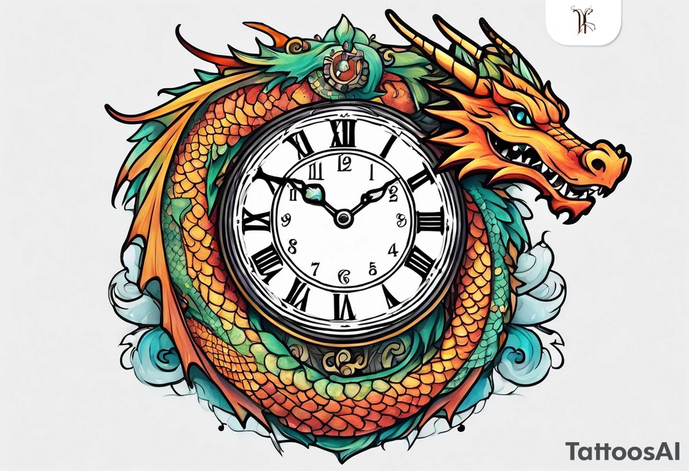 Dragon kawaii , clock, cross tattoo idea