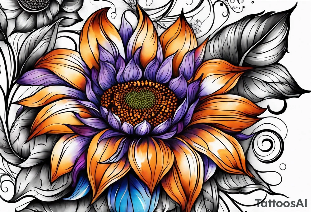 Full arm sleeve with purple, orange and blue sunflowers tattoo idea