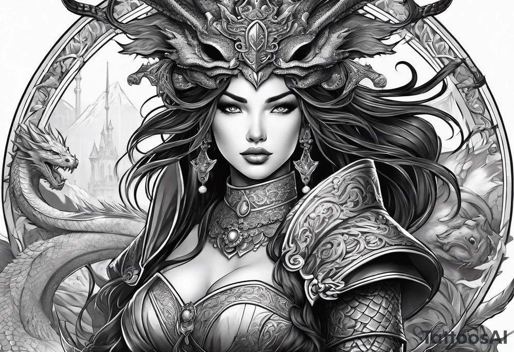 warriors princess with swords and a dragon partner tattoo idea