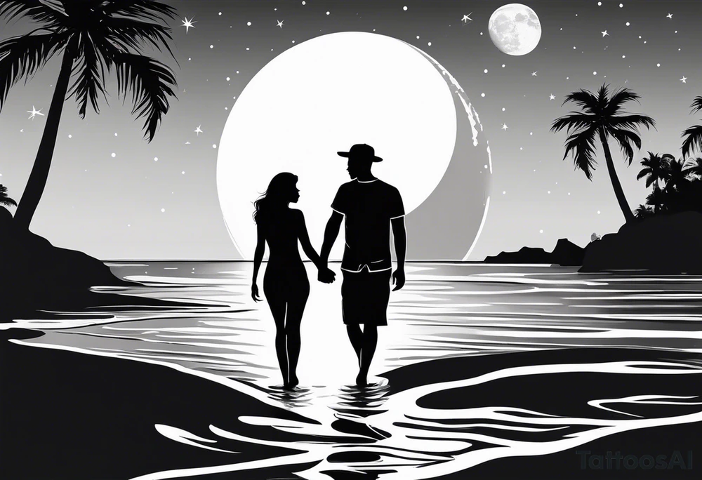 silhouette of two people holding hands on beach water with moon and palm trees tattoo idea