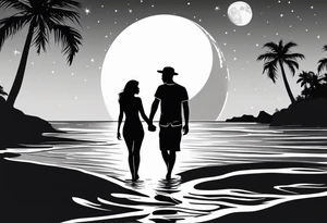 silhouette of two people holding hands on beach water with moon and palm trees tattoo idea