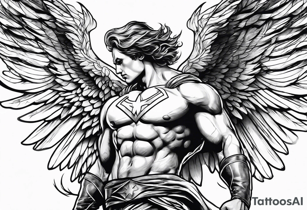 Angel in the pose of a superhero landing tattoo idea