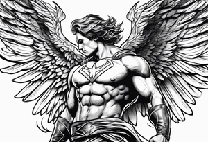 Angel in the pose of a superhero landing tattoo idea