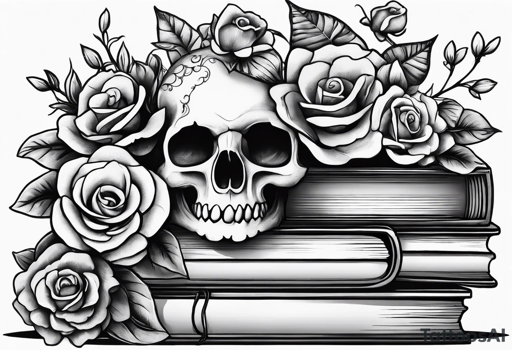 feminine tattoo of stacked books and flowers with a snake and skull tattoo idea