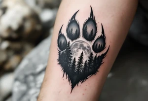 Wolf Paw with Forest Inside – A detailed charcoal-gray wolf paw print with trees and a moon inside, done in gray and forest green, representing wild spirit and mystery. tattoo idea