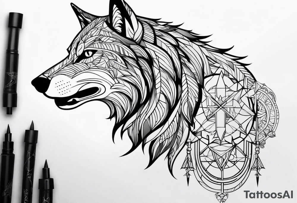 Un loup énervé avec la moitié de sa tête droite en squelette tattoo idea