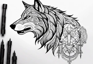 Un loup énervé avec la moitié de sa tête droite en squelette tattoo idea