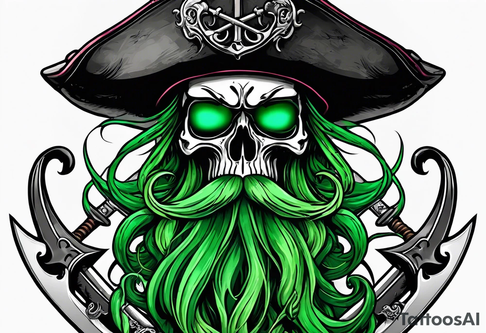 green pirate squid holding sword and anchor, black hat, skull face, beard tattoo idea