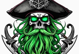 green pirate squid holding sword and anchor, black hat, skull face, beard tattoo idea