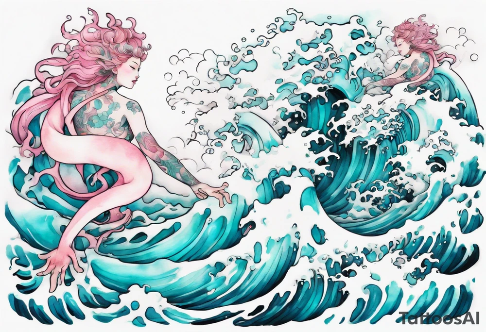 a beautiful turquoise and white and pink Scylla rising from the blue waves of the ocean tattoo idea