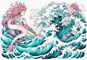a beautiful turquoise and white and pink Scylla rising from the blue waves of the ocean tattoo idea