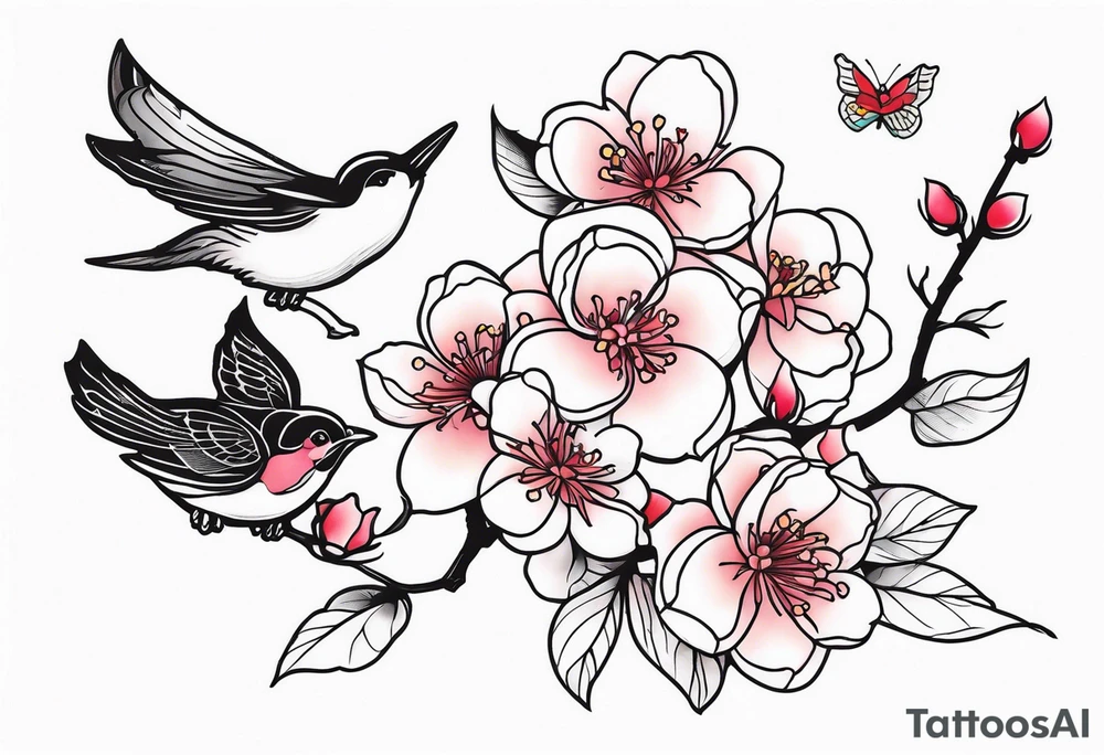 Japanese cherry blossom with birds, butterflies and rose tattoo idea
