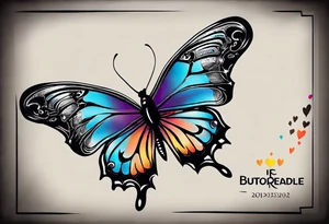 butterfly with one wing black scribbles, the other wing beautiful and colorful, the body has the date 1.9.2023 and the words written "I chose to live." tattoo idea