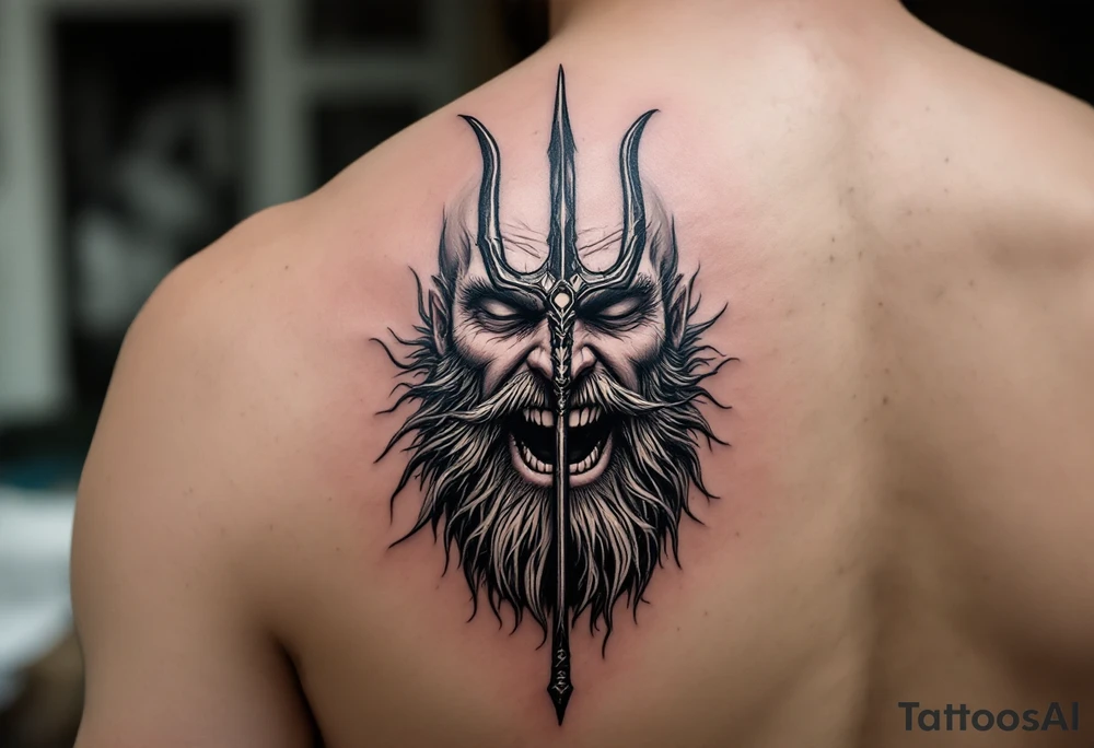 laughing poseidon, behind a trident, looking at his nose tattoo idea