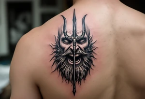 laughing poseidon, behind a trident, looking at his nose tattoo idea