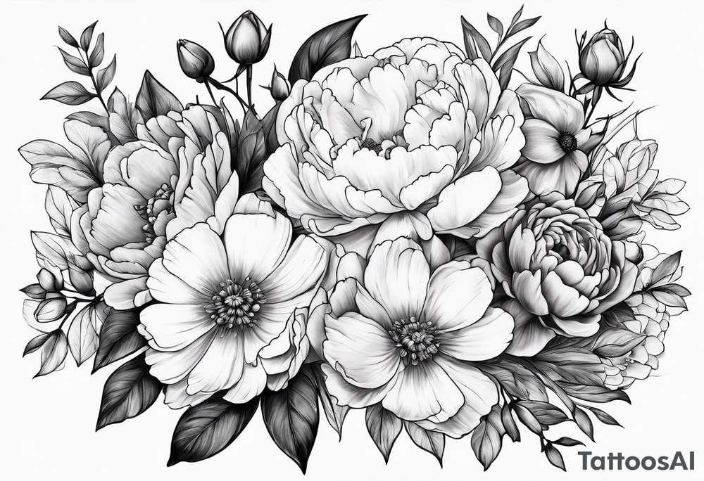 Bouquet, peonies, roses, daisies, forget me nots tattoo idea