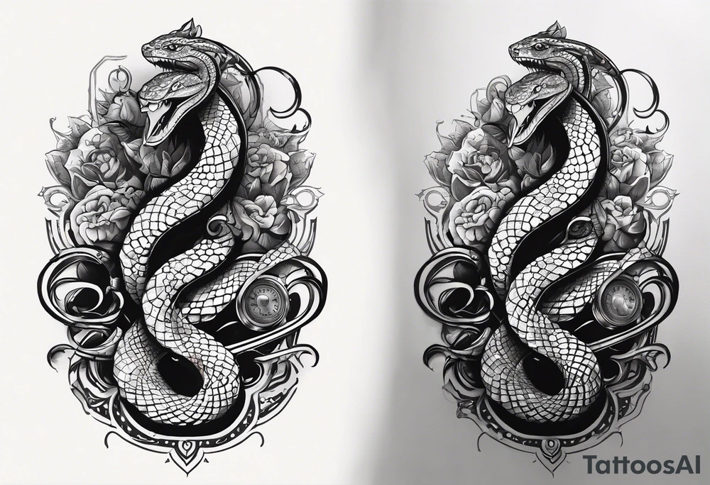 Aggresive Snake with a sword, this design must be in a vertical vertical proportion. Additionaly the desing must be "Steampunk" type tattoo idea
