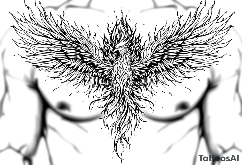 Realistic and symmetrical flaming Phoenix rebirth with spread wings in a down motion surrounded by fire mapped onto chest only. Phoenix head must be in the middle of the chest, straight and symmetrical. Fire should be surrounding spread wings
Wings should be spread down only on pectoral muscle around the nipples. tattoo idea