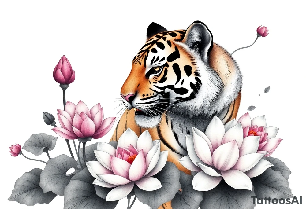 fierce tiger emerging through blooming lotus flowers in mist tattoo idea