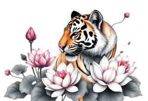 fierce tiger emerging through blooming lotus flowers in mist tattoo idea