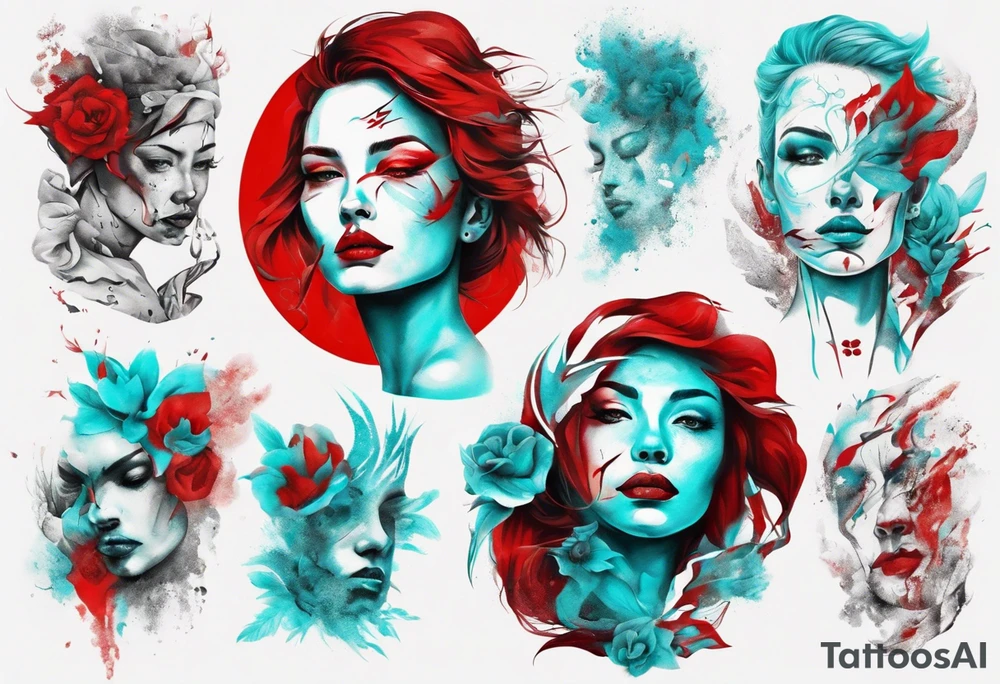 an art in the style of abstract portraits, textured pigment planes, red and cyan, stencil art, full white background, include seed tattoo idea