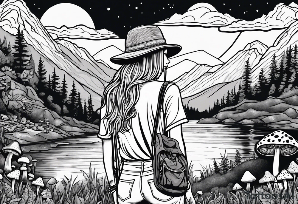 Straight long blonde hair hippie girl in distance holding mushrooms in hand facing away toward mountains and creek surrounded by mushrooms tee shirt and hiking pants tattoo idea