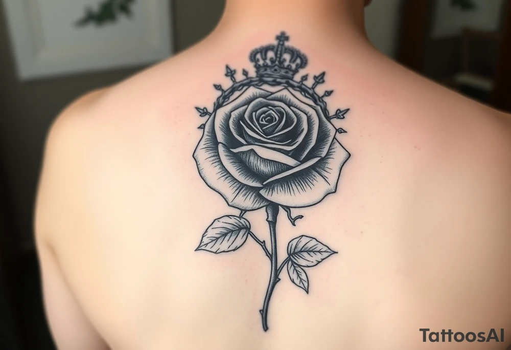 Single rose with 1982 as the stem if the rose with queen if heaetz and crown around or on top of rose with vines and thorns on top of arm tattoo idea