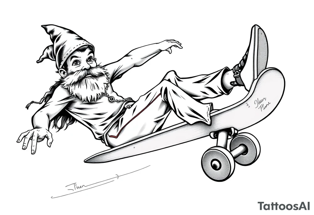 an old bearded peter pan riding a skateboard tattoo idea