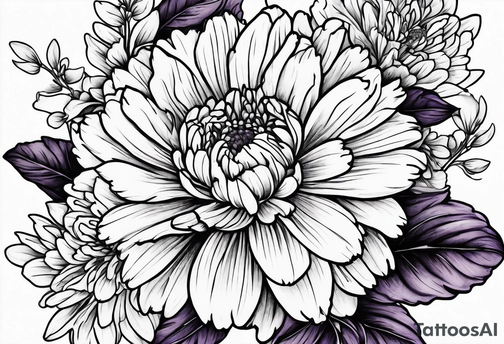 Carnation aster and violet blossom flat lay tattoo idea