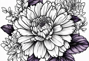 Carnation aster and violet blossom flat lay tattoo idea