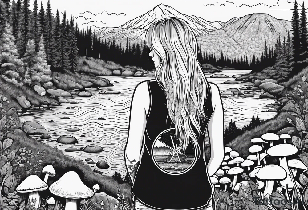 Whole picture encircled fully

Straight long blonde hair hippie girl in distance holding mushrooms in hand facing away toward mountains and creek surrounded by mushrooms long sleeve shirt and hiking pants; whole rendering within a full circle, no cut off circle tattoo idea