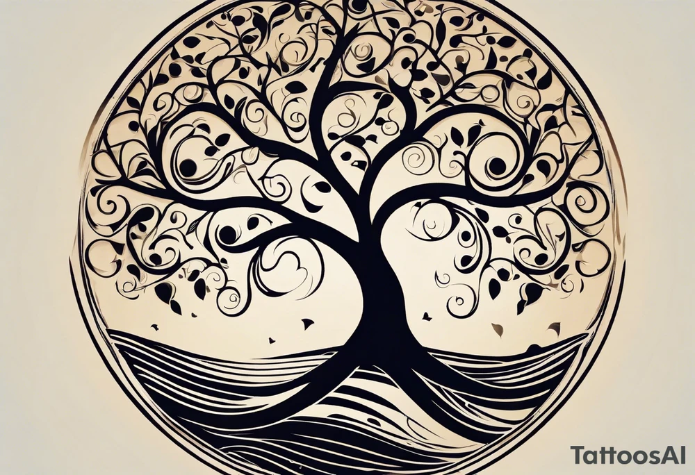 A tattoo design that incorporates the following elements: an abstract tree of life that has roots emerging  from the ground. Waves of water encapsulate the tree and wind around it in an organic way.  Incorporate music.   the letters U and A are overlapping and engraved into the tree. a golf ball incorporated but not prominent. tattoo idea
