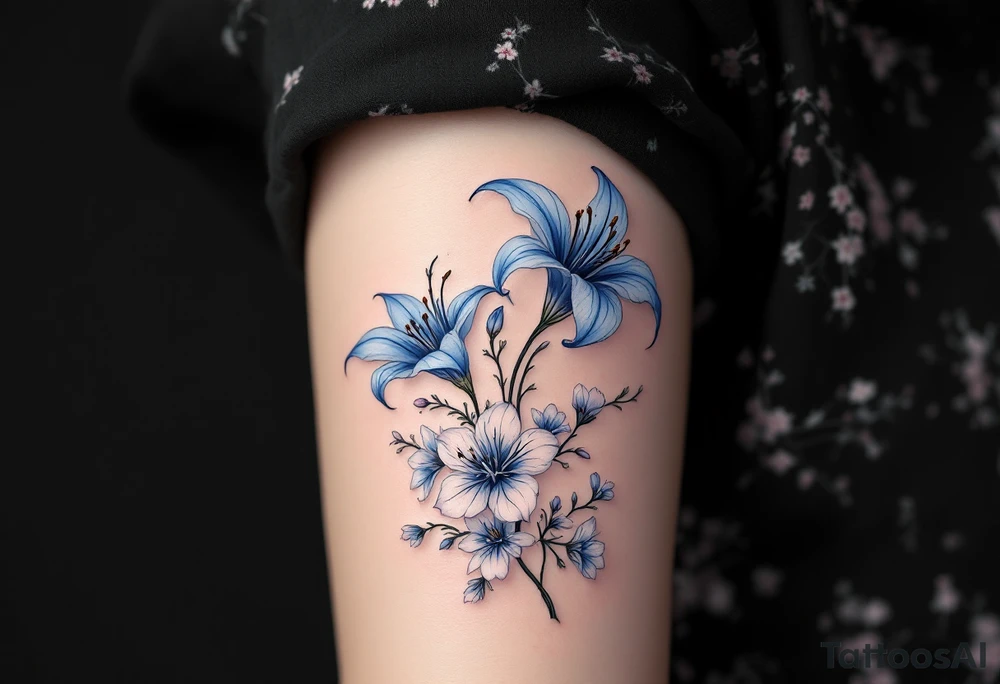 blue spider lily from the anime demon slayer and Cherry Blossoms wrapped around the arm tattoo idea
