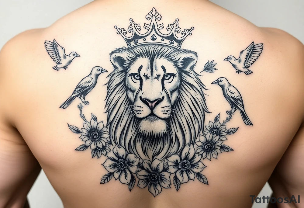 powerful majestic lion with a crown, surrounded by floral ornaments and birds tattoo idea