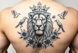 powerful majestic lion with a crown, surrounded by floral ornaments and birds tattoo idea