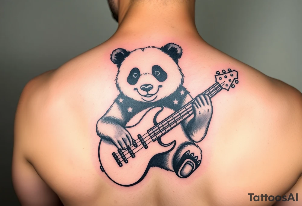 Bass guitar playing panda bear with septum ring tattoo idea